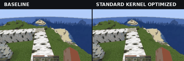 Two runs of the Open-Oasis world model side by side: the baseline on the left and our optimized build on the right, the optimized run advancing through the scene visibly faster.